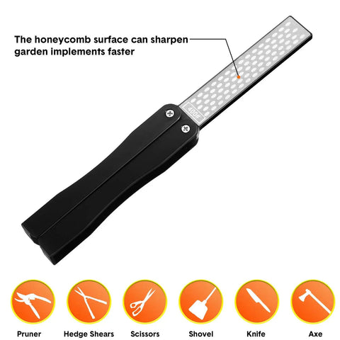 Folding Pocket Diamond Sharpener for Garden Tools and Knives with dual sided 400 600 grit stone, black handle, and titanium finish