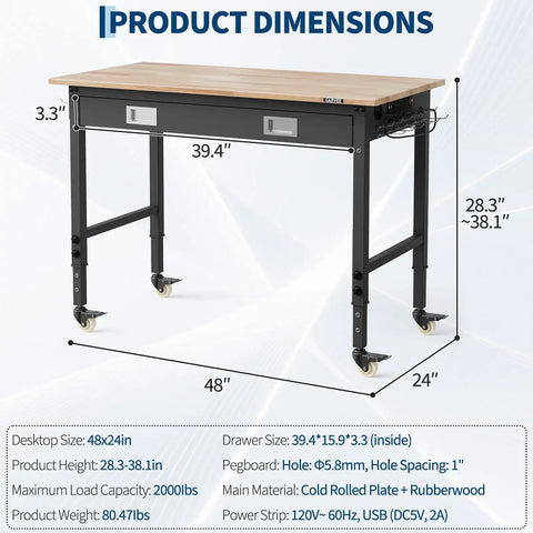 48 Inch Adjustable Rubberwood Workbench With Built In Power Outlets Lockable Casters Heavy Duty Metal Frame Scratch Resistant Surface