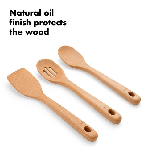 Three Piece Wooden Utensil Set With Solid Beachwood Spoon Slotted Spoon And Turner For Everyday Cooking No Fuss Kitchen Tools