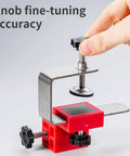 Rock Solid Stainless Steel Drawer Panel Clamp With Zero Hassle Adjustable Side Mount and Precision Knob for smooth fine tuning, showing fine-tuning knob in use.