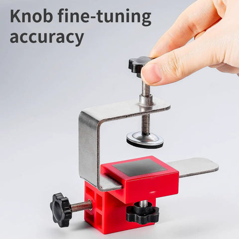 Rock Solid Stainless Steel Drawer Panel Clamp With Zero Hassle Adjustable Side Mount and Precision Knob for smooth fine tuning, showing fine-tuning knob in use.