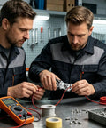 Two electricians using a Heavy Duty Wire Stripper Tool With Comfortable Grip Pliers For Peeling And Crimping at a workbench.
