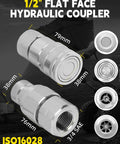 One Half Inch NPT Skid Steer Hydraulic Quick Connect Couplers With Two Dust Caps, Heavy Duty Leak Free Fittings, ISO 16028