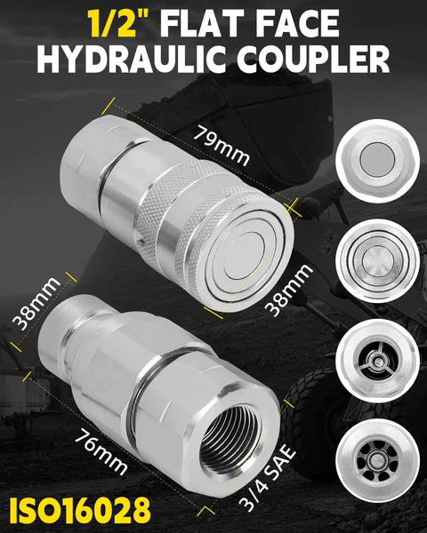 One Half Inch NPT Skid Steer Hydraulic Quick Connect Couplers With Two Dust Caps, Heavy Duty Leak Free Fittings, ISO 16028