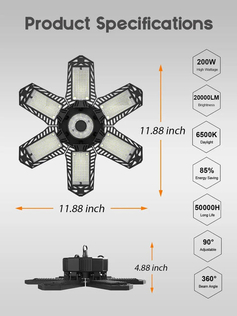 Ultra Bright Linkable Garage Light Kit 200W 20000LM 6500K LED Shop Light With Six Plus One Deformable Panels product specifications
