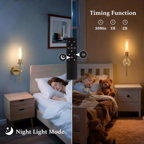 Set Of Two Rechargeable Battery Operated Wall Sconces Featuring Gold Glass Shades illuminating a bedroom with kids sleeping.