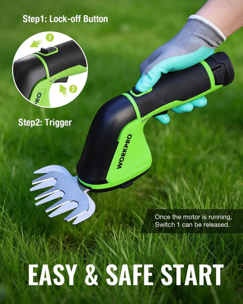 Gloved hand using 12V Cordless Grass Shear And Hedge Trimmer 2 In 1 Electric Tool With 37 Inch Wheeled Extension Pole