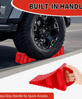 4 Pack Wheel Chocks For Trailers And RVs With Easy Grab Handles Heavy Duty Hard Plastic Tire Chocks That Keep Cars Trucks And Campers In Place Bright Red High Visibility Fits Up To 26 Inch Tires shown in use with vehicle tire