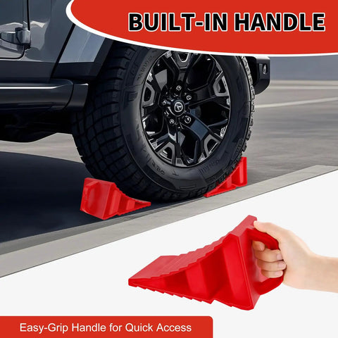 4 Pack Wheel Chocks For Trailers And RVs With Easy Grab Handles Heavy Duty Hard Plastic Tire Chocks That Keep Cars Trucks And Campers In Place Bright Red High Visibility Fits Up To 26 Inch Tires shown in use with vehicle tire