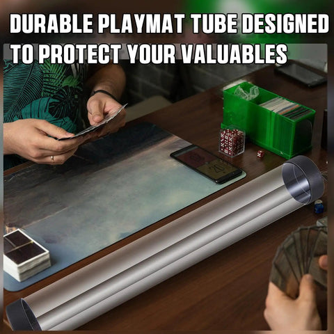 Player using 4 Pack Round Playmat Tubes Set For Card Game Storage with MTG play mats on table, clear 16-inch tube visible.
