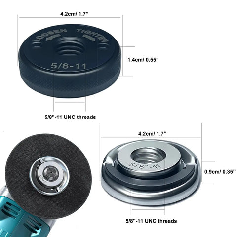 Two Pack 5/8-11 Angle Grinder Flange Nuts with quick release, knurled design, shown with D ring for 4.5-9 inch grinders