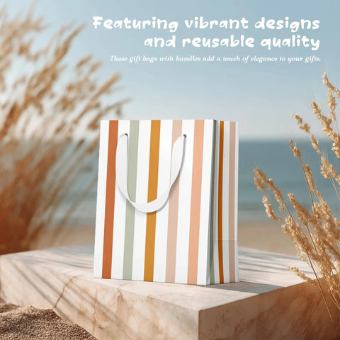 All In One Gift Bag Set With Four Medium 9 Inch Bags on stone ledge with sea background