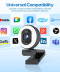 Next Level 4K Webcam With Adjustable Ring Light And Crisp Built In Microphone For Live Streaming showcasing universal compatibility with various platforms.