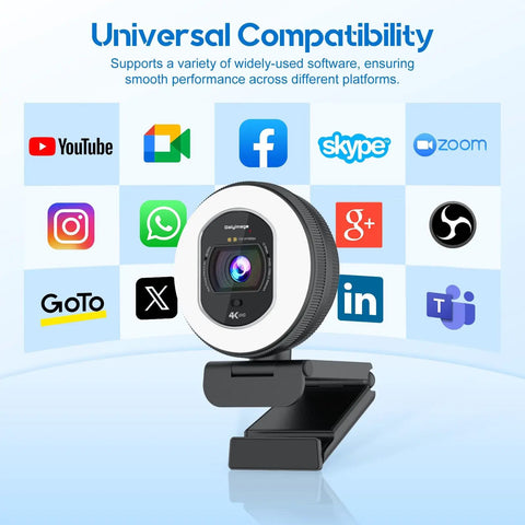 Next Level 4K Webcam With Adjustable Ring Light And Crisp Built In Microphone For Live Streaming showcasing universal compatibility with various platforms.