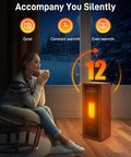Blazing Warm 1500W Electric Space Heater in walnut finish providing quiet warmth near a person enjoying tea indoors.