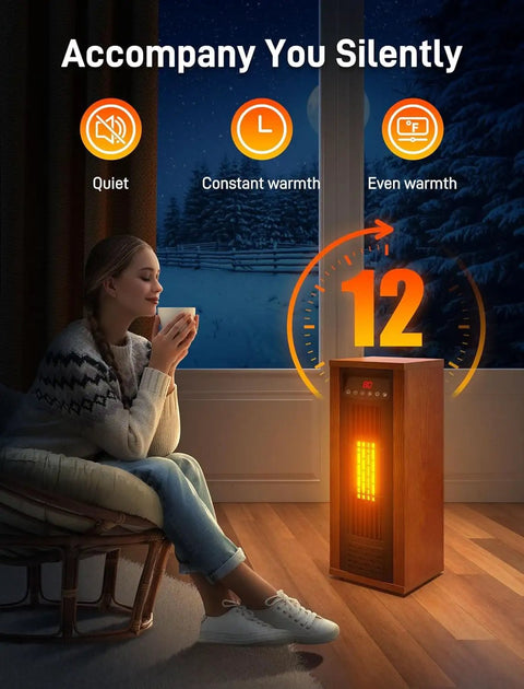 Blazing Warm 1500W Electric Space Heater in walnut finish providing quiet warmth near a person enjoying tea indoors.