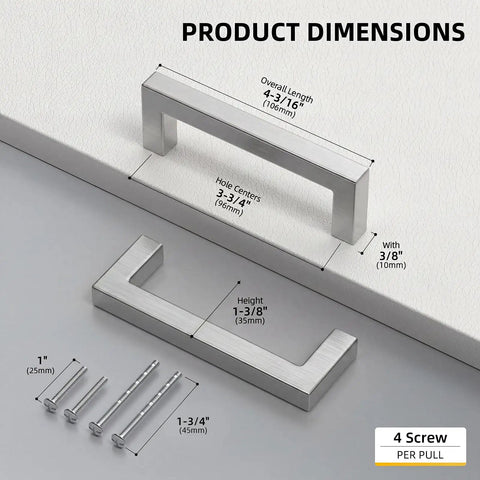 Product dimensions of 10 Pack Brushed Nickel Cabinet Pulls 3-3/4 Inch Hole Center Square Bar Drawer Handles with screws