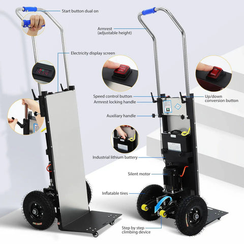 Sturdy Electric Stair Climbing Cart With Heavy Duty Handle For Moving Furniture And Appliances Fast Folding Design showing control panel features and tires.