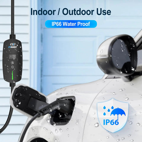 Beefy 40 Amp Level 2 EV Charger with 9.6 KW fast charging plugged into white car, IP66 waterproof for indoor/outdoor use.