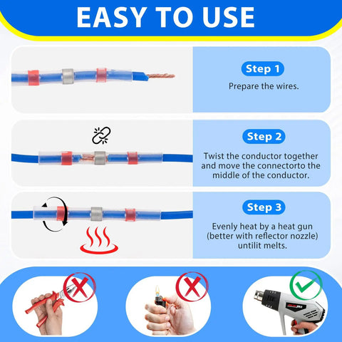 Instruction guide for installing Solder Seal Wire Connectors Kit For Quick DIY Install With Waterproof Heat Shrink Sleeves.