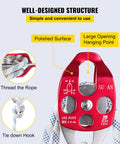 Close-up of Twin Sheave Block And Tackle Kit with labels showing polished surface and large opening hanging point, CE certified.