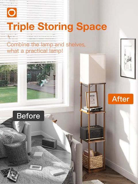 Floor Lamp With Shelves, Dual USB Ports And Built In Outlet shown in living room with decor and books on shelves, next to window.