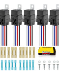 Five Pack Four Pin Forty And Thirty Amp 12V DC Waterproof Relays With Heavy Duty Twelve And Sixteen AWG Tinned Copper Wires Dual Relay SPDT Automotive Relays For Fuel Pump Cooling Fan And LED Flasher, accessories included, front view