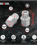 All In One 23 Piece Wheel Lock Nut Key Kit For VW And Audi Vehicles showing two silver hex sockets with dimensions highlighted