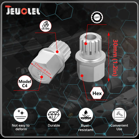 All In One 23 Piece Wheel Lock Nut Key Kit For VW And Audi Vehicles showing two silver hex sockets with dimensions highlighted