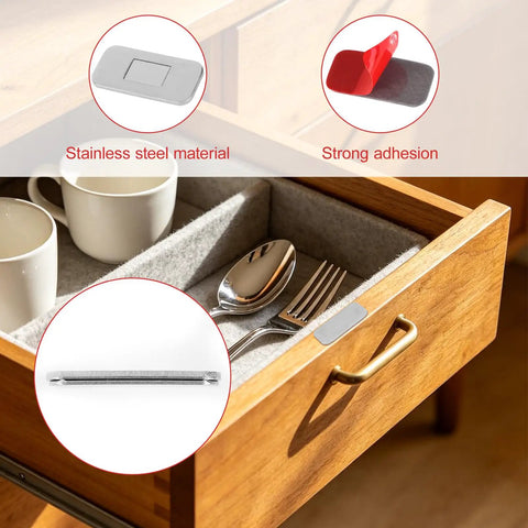 Ultra Thin Magnetic Cabinet Door Catches Kit, 12 Pairs With No Drill Double Sided Adhesive Strips, shown on drawer