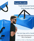 Heavy Duty Extra Large Blue Moving Bags With Strong Zipper And Backpack Handles, 24.5 Gallon Capacity, 29 Inches Long By 15 Inches Wide By 13 Inches High, Durable Reusable Storage For Moving And Travel shown as backpack on man