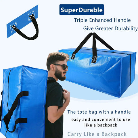 Heavy Duty Extra Large Blue Moving Bags With Strong Zipper And Backpack Handles, 24.5 Gallon Capacity, 29 Inches Long By 15 Inches Wide By 13 Inches High, Durable Reusable Storage For Moving And Travel shown as backpack on man