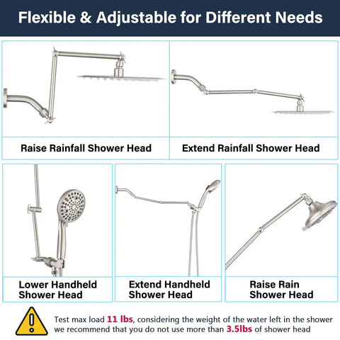 Diagram of 16 Inch Solid Brass Shower Arm Extension for Rain and Handheld Shower Heads with Adjustable Height and Positions