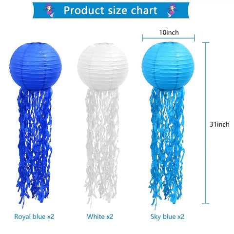 Colorful Mermaid Jellyfish Paper Lanterns Hanging Set For Under The Sea Theme Parties, 10-inch diameter, 27-inch tentacles