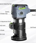 Front view of WORKPRO compact router kit; blue-gray housing, black base, 6.5A corded wood router for woodworking.