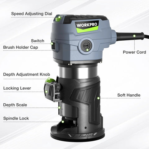 Front view of WORKPRO compact router kit; blue-gray housing, black base, 6.5A corded wood router for woodworking.