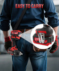 Straight Up Tough As Nails Cordless Impact Wrench 1/2 Inch Square Drive attached to a tool belt, easy to carry, with battery visible.