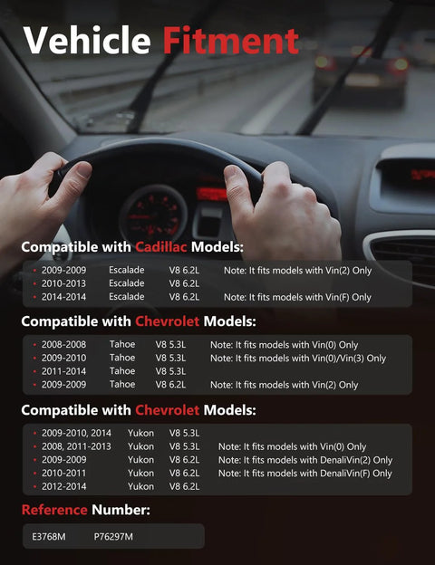 Compatibility chart for Chevy GMC Cadillac SUVs showing years, models, and engine sizes for fuel pump assembly 2009-2014.