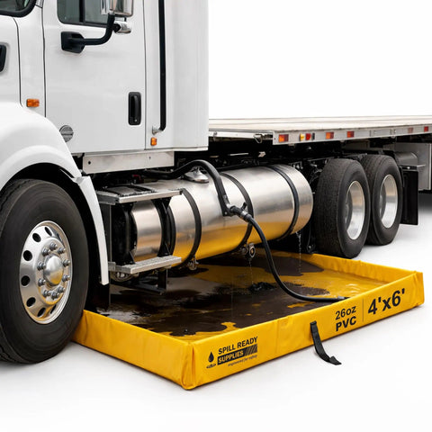Foam Wall Spill Containment Berm, 4x6 Ft, 26 Oz PVC-Coated Fabric, Yellow, 0.75 Inch Drain used under truck for spill capture