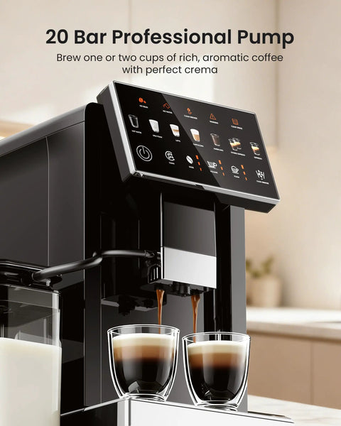 Top Shelf Automatic Espresso Machine With Built In Grinder And Touch Panel For Fire Lattes And Creamy Cappuccinos Fuel Daily Sips At Twenty Bar Across Fifteen Settings With Effortless Self Cleaning. Black espresso machine pouring coffee into two glasses.