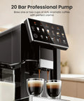 Supercharging Your Morning Ritual With This Fully Automatic Espresso Machine Featuring A Built In Grinder And OneTouch Milk Frother For Legit BaristaGrade Creations At Home close-up of 20 bar espresso extraction pouring into two cups.