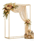 Gold Outdoor Metal Arbor Frame Stand 4.95 By 6.56 Ft Backyard Garden Arch Trellis For Plants And Wedding Backdrop Decor, Weatherproof Sturdy Arch With Black Coating For Wind Rain And Sun, decorated with flowers and drapery.