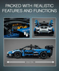 Technic McLaren Senna GTR 42123 Racing Collectible Model Car Build Kit showing engine, front view, and side view with measurements