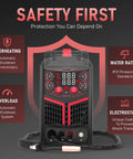 Front view of 4 In 1 Flux Core MIG TIG Stick Welder With Synergic Control, Dual Voltage 110V 220V, safety features displayed