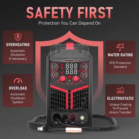 Front view of 4 In 1 Flux Core MIG TIG Stick Welder With Synergic Control, Dual Voltage 110V 220V, safety features displayed