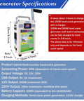 Portable Hand Crank Emergency Generator For Outdoor Survival On The Go With 150W Dynamo Power USB 5V 3A DC 12V Output 15000 MAh Battery 65Wh Manual Dynamo Power Station For Off Grid Camping And Emergencies, specifications displayed.