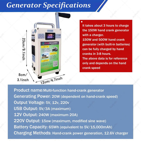 Hand Crank Emergency Power Generator Portable 150W Power Supply For Camping And Outdoors 220V 12V 5V Outputs USB 5V 3A