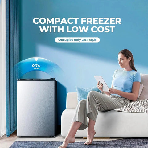 Straight Up Awesome 3.2 Cubic Foot Upright Freezer With Lightning Fast Cooling And Ridiculously Slim Build For Tiny Kitchens And Keeping Your Food Stash Totally Fresh next to woman using tablet.