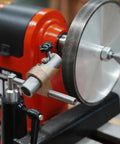 Top Shelf Woodturning Lathe Tool Rest Sharpening System Kit for Wood Chisels Grinding Jig with CBN Wheel mount and red machine.