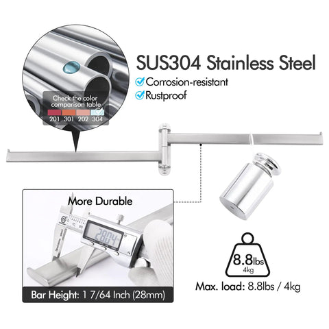 Ultra Sturdy 15.5 Inch Four-Arm Swivel Towel Rack For Wall Mount, Built For Real Life Bathrooms, SUS304 Stainless Steel Brushed Finish, Heavy Duty Towel Bar With Adjusted Screws And Anchors For Solid Walls And Drywall, Model A2104S4L40-2 shown with corrosion resistance, max load details.